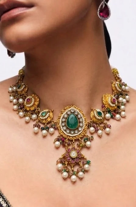 925 hallmarked sterling silver kundan necklace with pearl drops