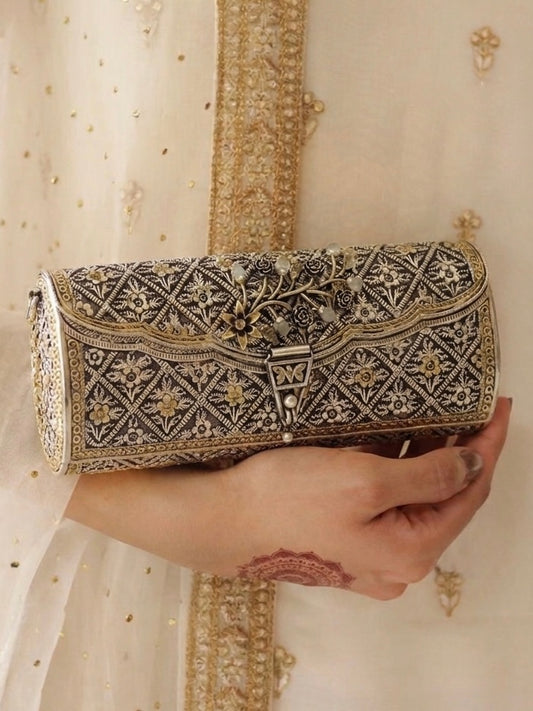 Handcrafted 925 hallmarked sterling silver floral evening clutch