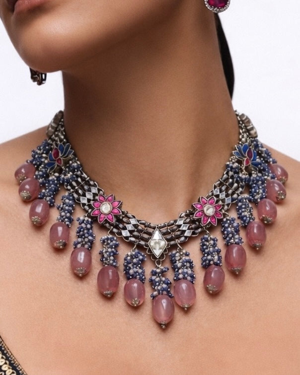 925 hallmarked sterling silver lotus motif necklace with pink beads