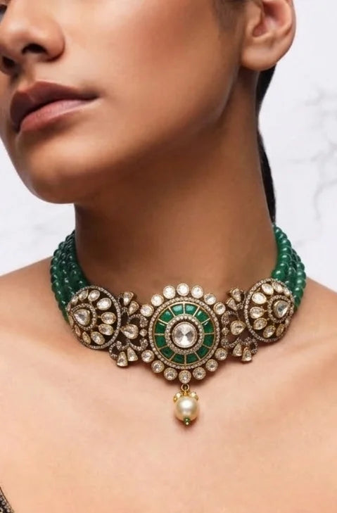 925 hallmarked sterling silver moissanite green polki choker