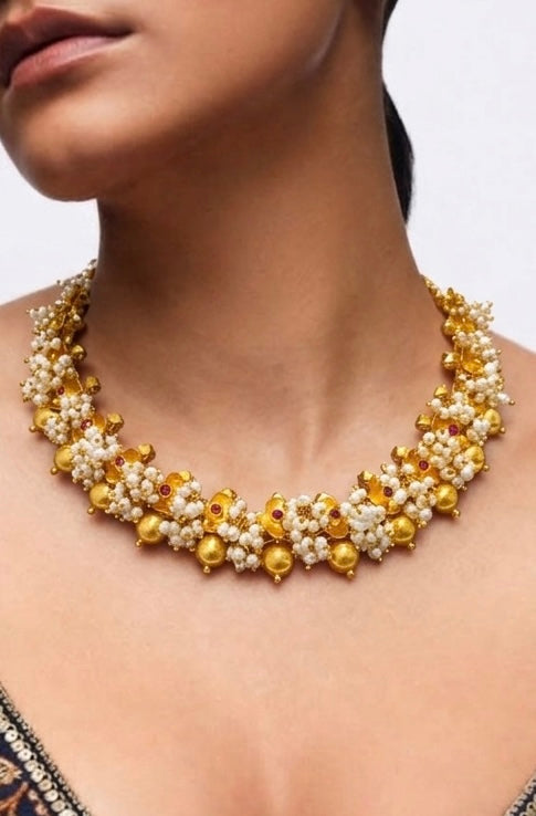 925 hallmarked sterling silver pearl beaded choker with gold finish
