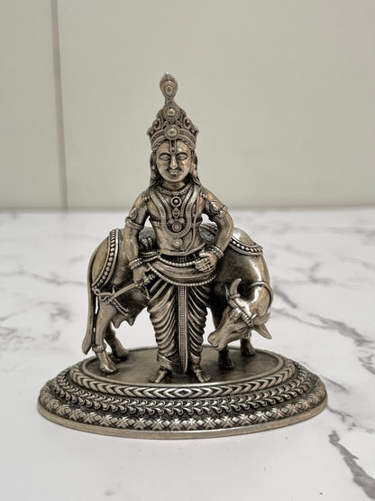  Intricate detailing on 925 silver Lord Krishna with cow idol – artisan craftsmanship crown and ornaments