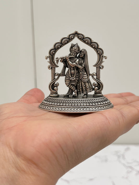925 sterling silver Radha Krishna idol hand-held – divine couple murti with ornate arch
