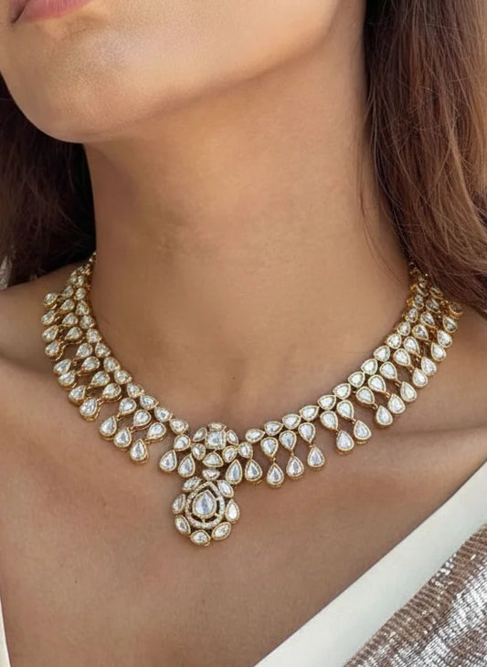 925 hallmarked sterling silver moissanite polki necklace