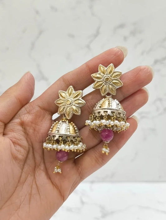 925 hallmarked sterling silver star jhumkas with pearl drops.