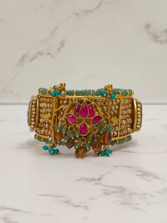 Traditional handcrafted 925 Sterling Silver lotus kada with pearls, pink gemstones and dangling bead details