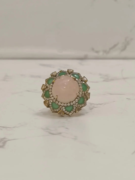 925 hallmarked sterling silver pink stone polki ring