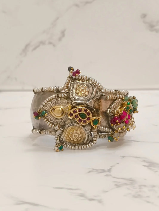 925 hallmarked sterling silver bridal cuff kada with pink and green stones