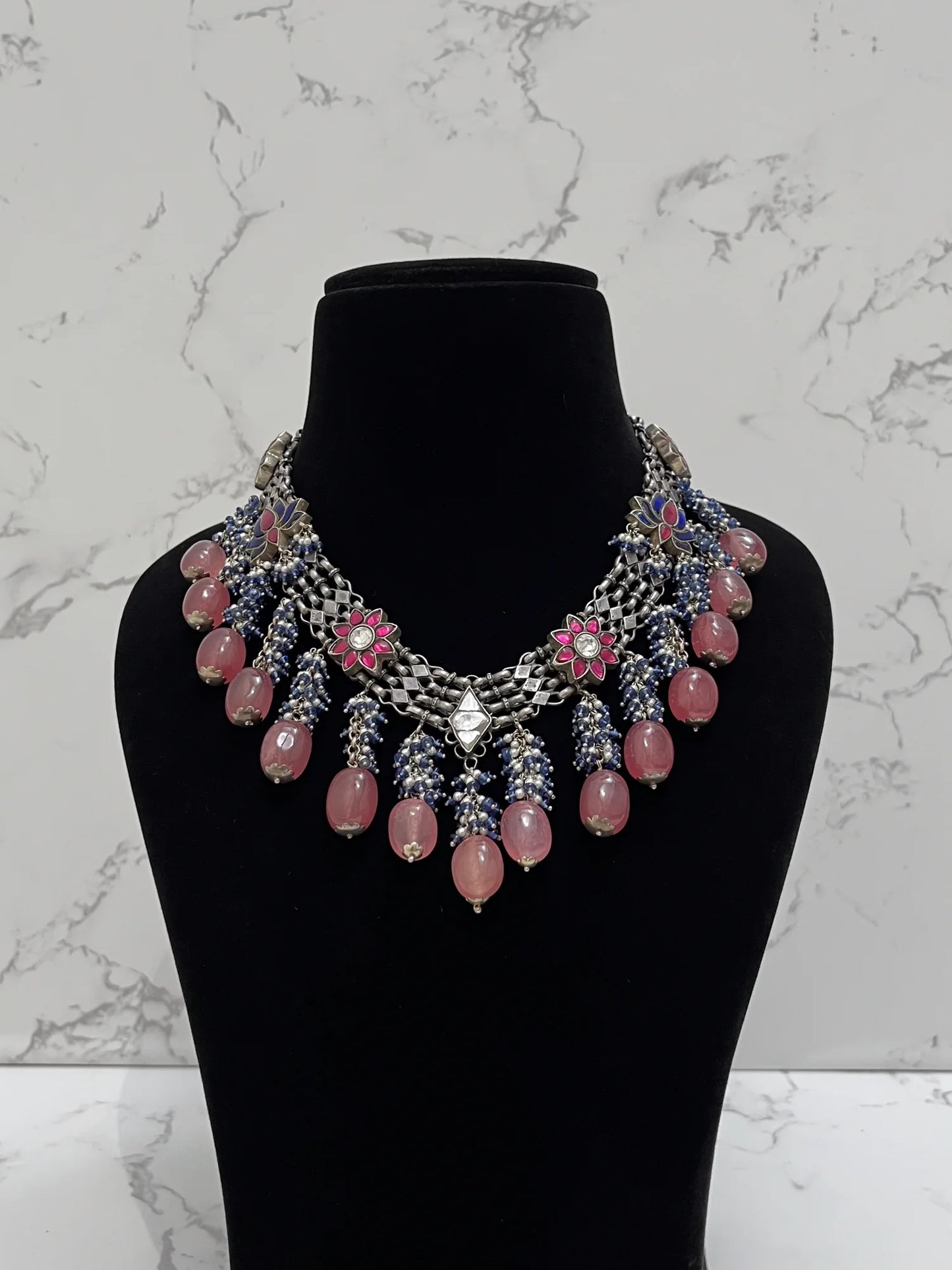 925 hallmarked sterling silver lotus motif necklace with pink beads