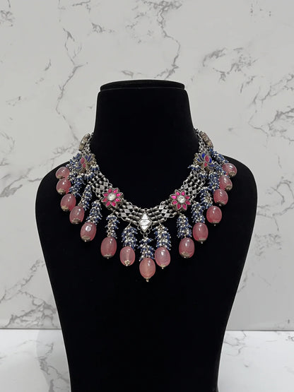 925 hallmarked sterling silver lotus motif necklace with pink beads