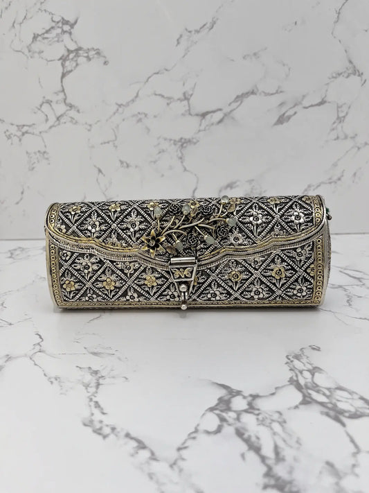 Handcrafted 925 hallmarked sterling silver floral evening clutch