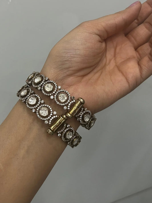 Openable 925 hallmarked sterling silver moissanite polki bangles pair with 24k Gold Vermeil Polish