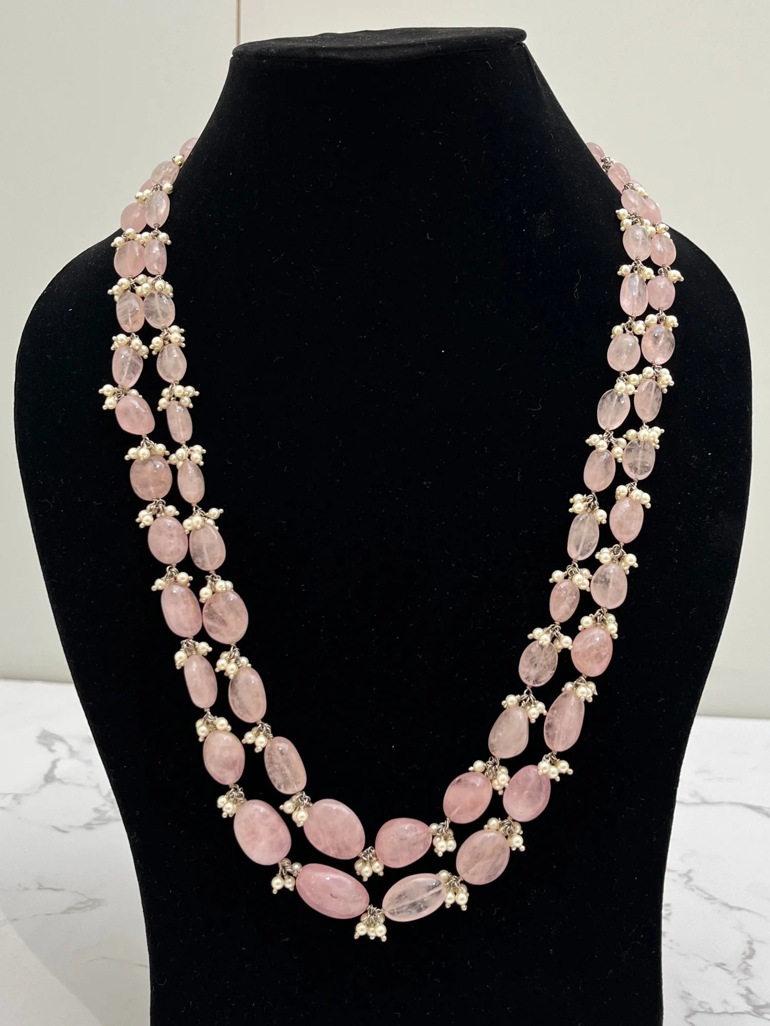925 hallmarked sterling silver pink stone necklace with pearl beads