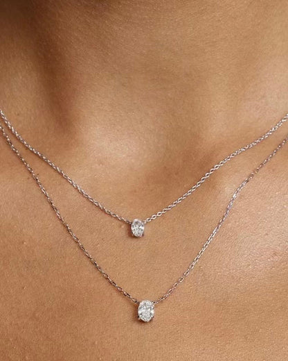 Oval solitaire diamond necklace worn on neck – elegant gold diamond necklace