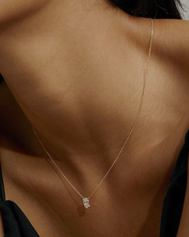 Oval solitaire diamond necklace worn on neck – elegant gold diamond necklace