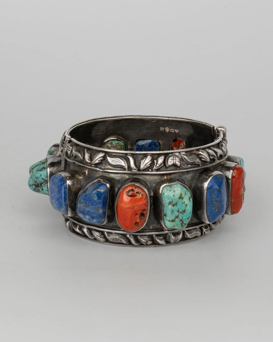 Handcrafted 925 sterling silver cuff bracelet with turquoise, blue and orange semi-precious stones