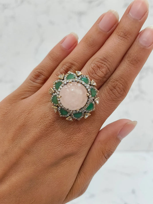 925 hallmarked sterling silver pink stone polki ring