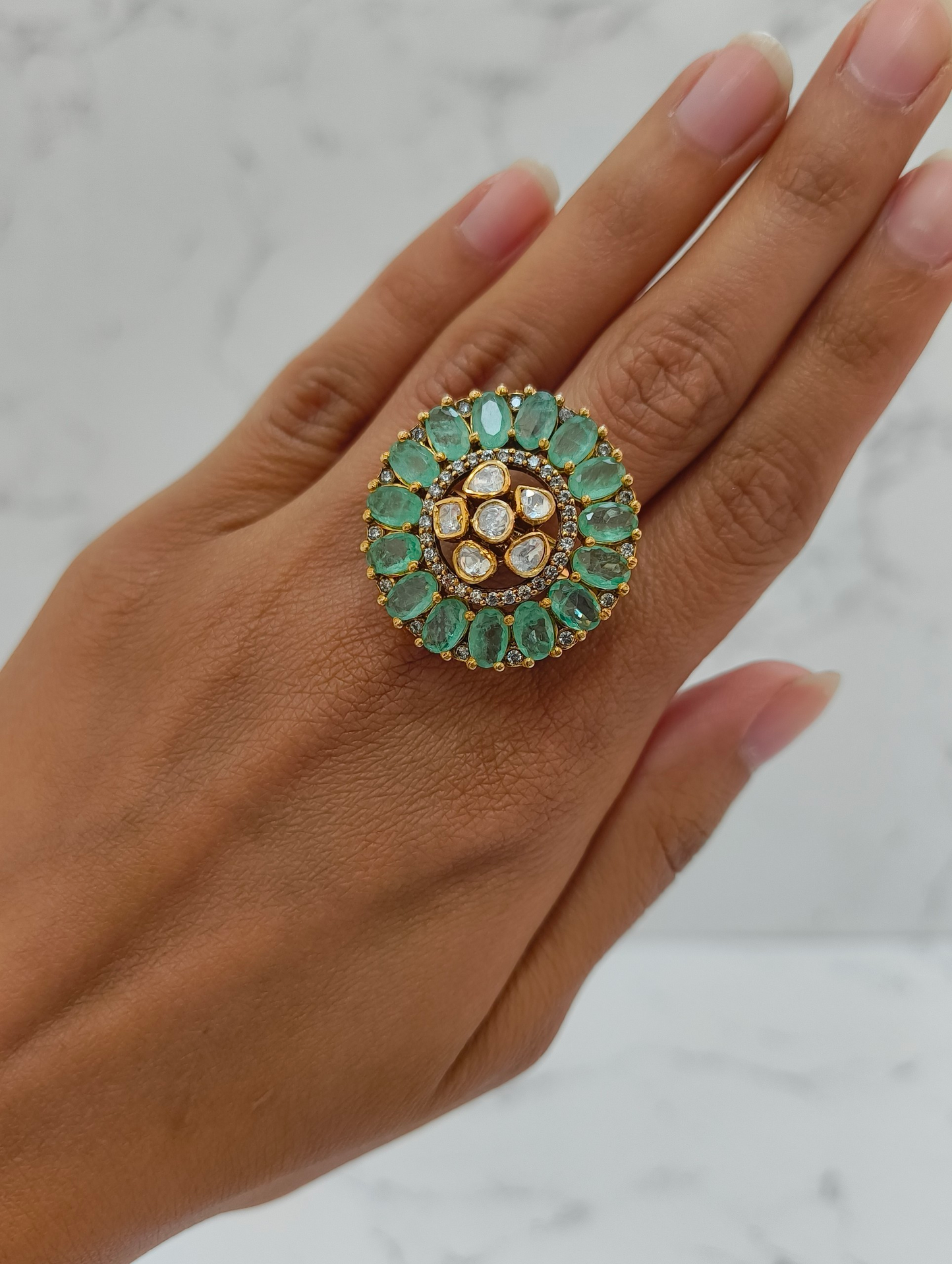 GREEN POLKI MOISSANITE RING