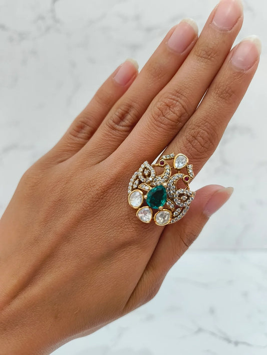 925 hallmarked sterling silver Green peacock moissanite ring 