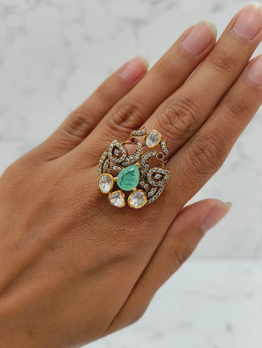 925 hallmarked sterling silver peacock moissanite ring. 