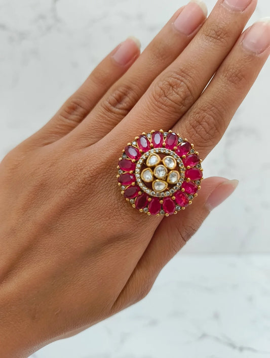 925 hallmarked sterling silver pink moissanite polki ring 