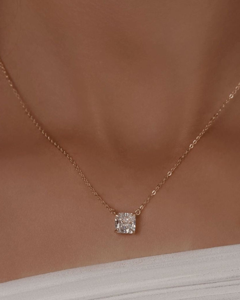 Princess cut diamond necklace worn on neck – elegant gold diamond necklace
