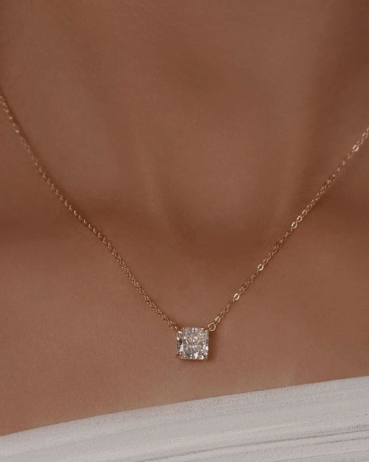 Princess cut diamond necklace worn on neck – elegant gold diamond necklace