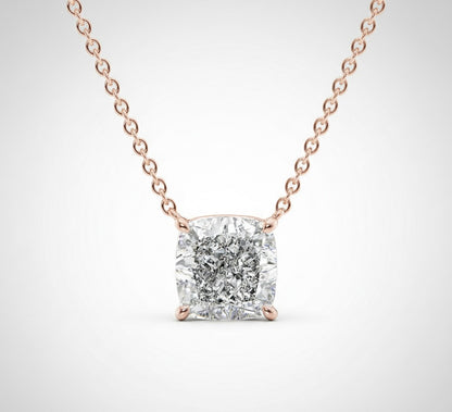 Cushion Cut Solitaire Diamond necklace with rose gold chain on a light gray background