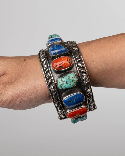 Handcrafted 925 sterling silver cuff bracelet with turquoise, blue and orange semi-precious stones