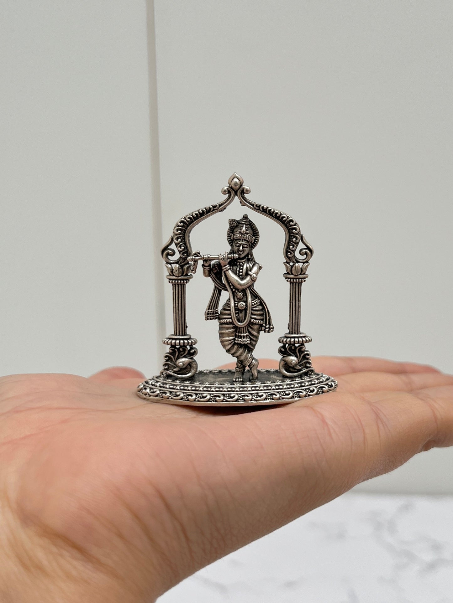 925 Sterling Silver Krishna Idol | Handcrafted Gopal Murti with Arch
