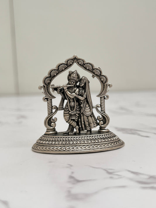 925 sterling silver Radha Krishna idol hand-held – divine couple murti with ornate arch