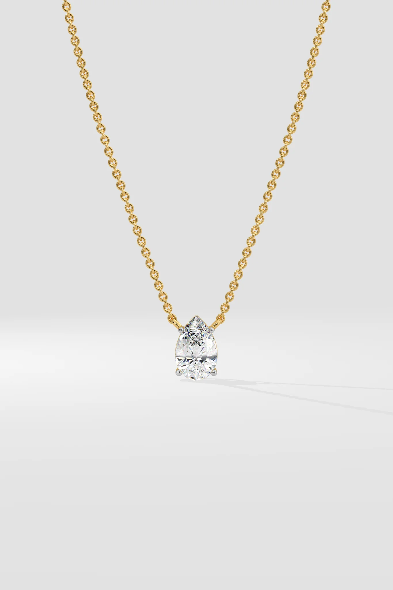 Front view of pear cut diamond necklace showing brilliant teardrop lab-grown diamond