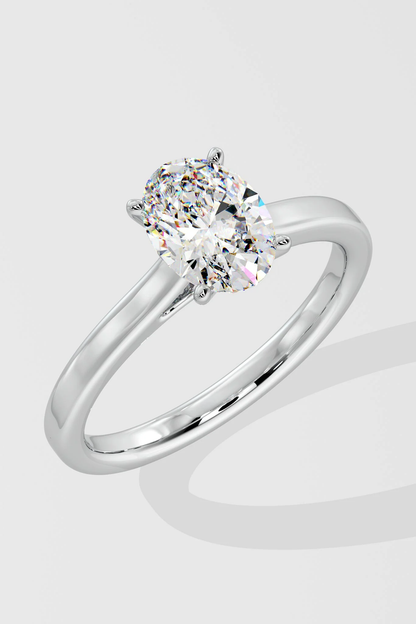Close-up of oval cut lab-grown diamond (G Colour VS2 Clarity) and prong setting on solitaire ring