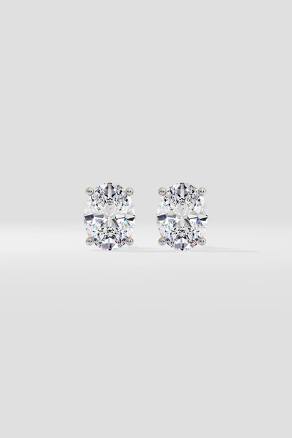 Front view of oval diamond stud earrings showing brilliant oval lab-grown diamonds