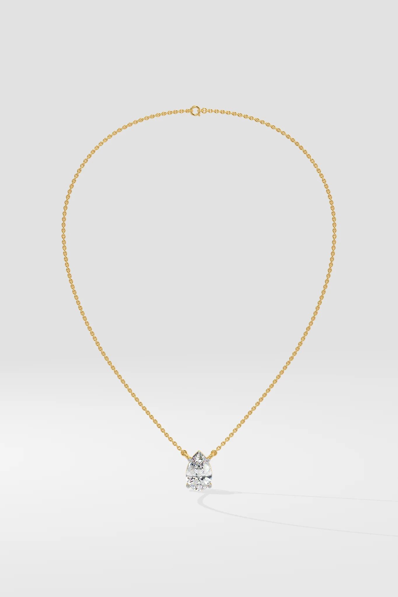 Front view of pear cut diamond necklace showing brilliant teardrop lab-grown diamond