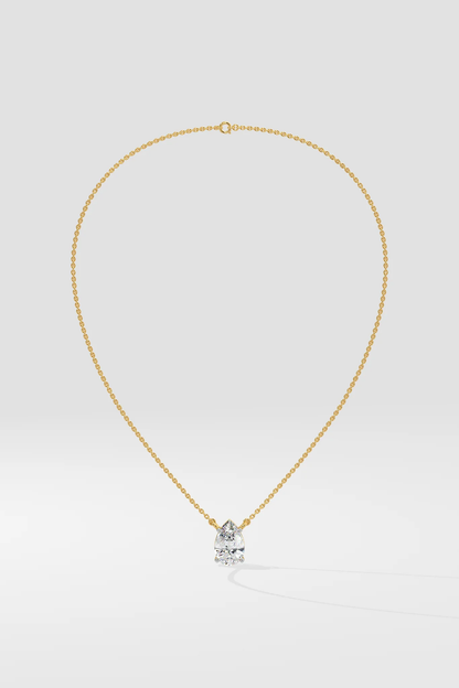 Front view of pear cut diamond necklace showing brilliant teardrop lab-grown diamond
