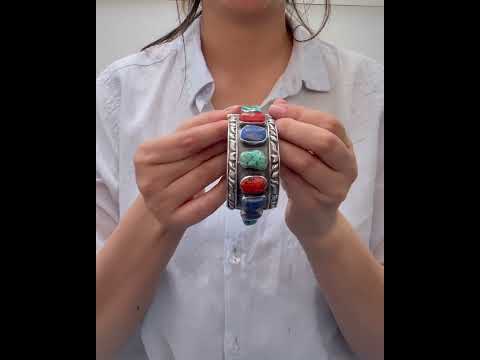 Video of Handcrafted 925 sterling silver cuff bracelet with turquoise, blue and orange semi-precious stones
